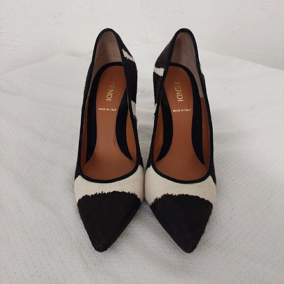 Fendi Italy Brown White Calf-hair Pointed Toe Diamond Cut Heeled Pump Size 36.5 - Picture 3 of 11